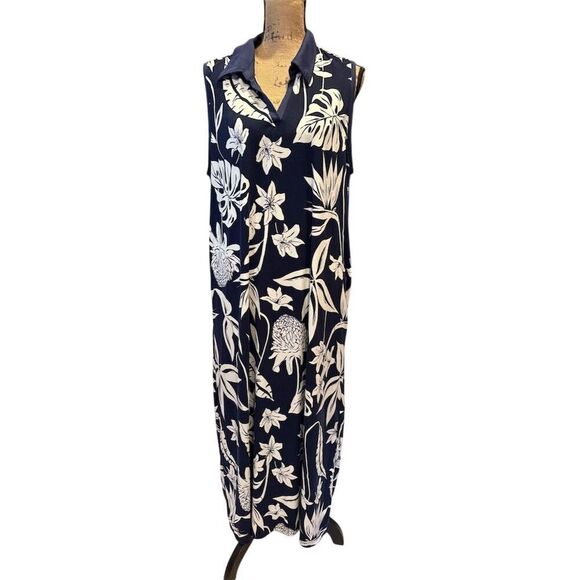 Cuddl Duds Dresses & Skirts - Cuddl Duds Women's 2XL Floral Maxi Dress with Pockets Navy White